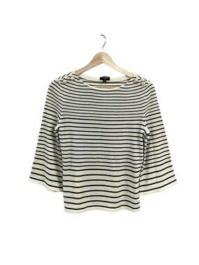 Chanel 3/4 Sleeve Sweater 34 S Ivory Black Border Pearl Button Boat